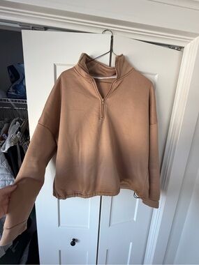 Camel Half-Zip Cropped Pullover Sweatshirt